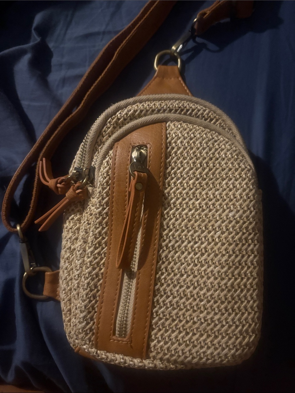 Joy Susan Tan and Cream Woven Crossbody Bag